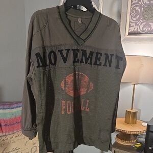 Olive Green V-Neck Sweater with Movement Print